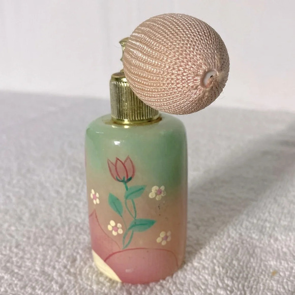 Vintage Pink Green Genuine Alabaster Perfume Atomizer Puff Sprayer Bottle - Picture 5 of 15
